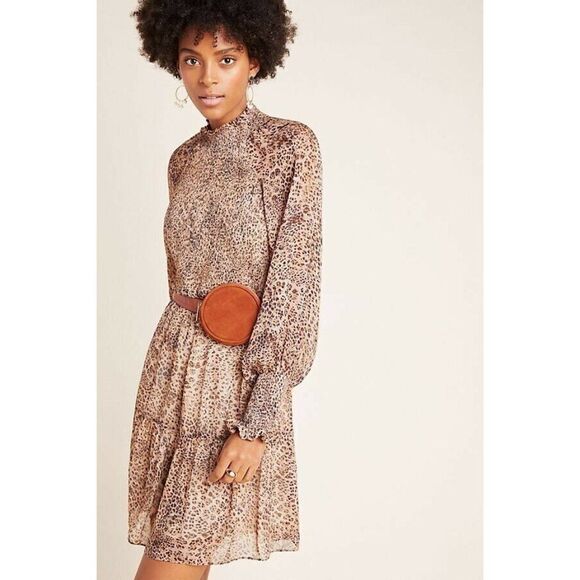 NWT ANTHROPOLOGIE ML MONIQUE LHUILLIER Sz 2 LEOPARD SMOCKED MINI DRESS